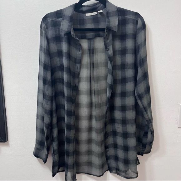 Halogen, Long-Sleeve, Sheer, Button-up, Size Small, Black Plaid - Picture 9 of 12